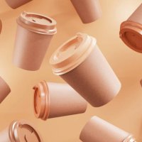 brown paper coffee cups on beige background. coffee to go. 3d pattern. - coffee stockfoto's en -beelden