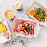 brunch packed for take out in cardboard box containers, high angle view - junk food stock pictures, royalty-free photos & images