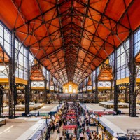 budapest great market hall with market stalls and people shopping, high angle view, budapest, hungary - food stock pictures, royalty-free photos & images