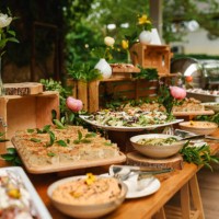 buffet food for party decorated with fresh plants. - food stock pictures, royalty-free photos & images