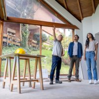building contractor talking to clients renovating their house - home decoration stock pictures, royalty-free photos & images