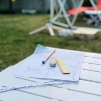 building the wooden geodesic swing chair at garden - garden decoration stock pictures, royalty-free photos & images