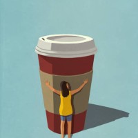 caffeine addicted woman hugging disposable coffee cup - junk food stock illustrations