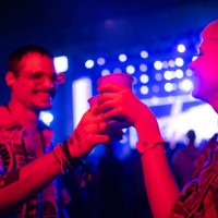 carefree couple toasting during a music concert at night. - concert stock pictures, royalty-free photos & images