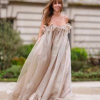 Carla Ginola wears light brown sheer mesh Zimmermann maxi dress, outside Zimmermann, during the Paris Fashion week Women's Fall/Winter 2025-2026 on...