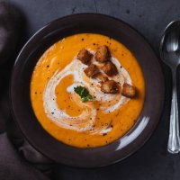 carrot soup with cream and croutons - food stock pictures, royalty-free photos & images