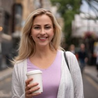 casual woman outdoors drinking a cup of coffee - junk food stock pictures, royalty-free photos & images