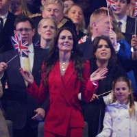 Catherine, Princess of Wales and Princess Charlotte in the Royal Box at the Coronation Concert in the grounds of Windsor Castle on May 7, 2023 in...