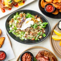 ceaser salad, french fries or chips with sauces. - junk food stock pictures, royalty-free photos & images