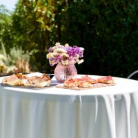celebrating spring in the garden, decorated by a round table with a white tablecloth, a beautiful crystal vase with multicolored flowers, trays with appetizers and pizzas ready to be savored. - garden decoration stock picture
