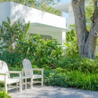 chairs in a tropical garden hideaway with tall evergreen trees. - garden decoration stock pictures, royalty-free photos & images