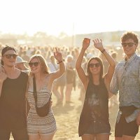 cheerful friends at music festival - concert stock pictures, royalty-free photos & images