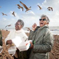 cheerful senior people with food containers at beach - junk food stock pictures, royalty-free photos & images