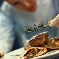 chef placing finishing touches on a meal. - home decoration stock pictures, royalty-free photos & images