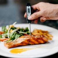 chef utilise un thermomètre pour mesurer la température du filet de saumon poêlé - food photos et images de collection