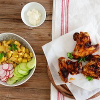 chicken wings on wooden plate, salad and mayonnaise - junk food stock pictures, royalty-free photos & images
