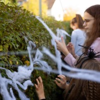 child and teenagers decorating a yard with fake cobwebs for halloween - garden decoration stock pictures, royalty-free photos & images