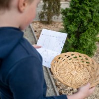 child standing in backyard, holding basket and map - garden decoration stock pictures, royalty-free photos & images