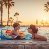 child with mother in swimming pool, holiday resort - travel stock pictures, royalty-free photos & images