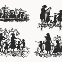 children and family motifs as silhouettes, wood engravings, published ca.1895 - garden decoration stock illustrations