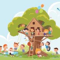 children playing in a treehouse - garden decoration stock illustrations