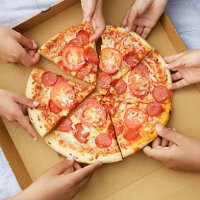 children's hands taking pizza slices out or box - junk food stock pictures, royalty-free photos & images