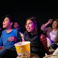 children watching a movie at the outdoors cinema - concert stock pictures, royalty-free photos & images