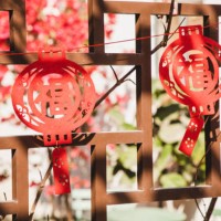 chinese new year paper craft decorations hanging outside on the front or back yard - garden decoration stock-fotos und bilder