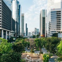 chong nonsi canal park with fresh greenery surrounded by modern futuristic skyscrapers in bangkok, thailand - garden decoration stock pictures, royalty-free photos & images