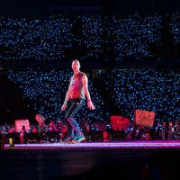 Chris Martin of Coldplay performs on stage at Estadi Olimpic on May 24, 2023 in Barcelona, Spain.