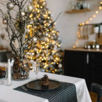 christmas and new year table setting with decorations. zero waste - home decoration stockfoto's en -beelden