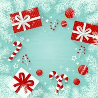 christmas background with decorations and gift boxes, white fir tree branches on wooden table - home decoration stock illustrations