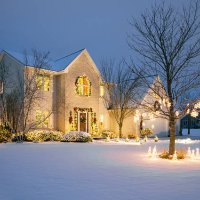 christmas decorated home with holiday lighting, snow - garden decoration stock pictures, royalty-free photos & images