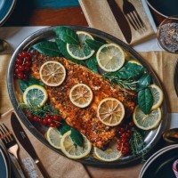 christmas dinner with salmon fish fillet, vegetables, polenta and christmas cake - food stock pictures, royalty-free photos & images