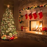 christmas. glowing fireplace, hearth, tree. red stockings. gifts and decorations. - home decoration stock pictures, royalty-free photos & images
