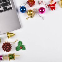 christmas home office desk with laptop, christmas gift, decorations. flat lay, top view, copy space - garden decoration stock pictures, royalty-free photos & images