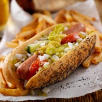 classic chicago dog with fries - food stock pictures, royalty-free photos & images