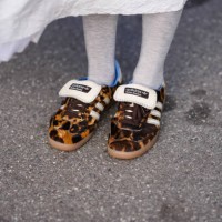 Close-up detail view of Adidas brown leopard print sneakers shoes , outside Gestuz, during the Copenhagen Fashion Week AW24 on February 01, 2024 in...
