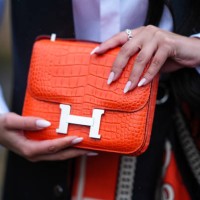 Close-up detail view of an orange crocodile pattern leather Hermes bag, outside Hermes, during the Womenswear Fall/Winter 2024/2025 as part of Paris...
