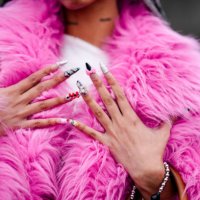 Close-up detail view of nail polish, outside Rolf Ekroth, during the Copenhagen Fashion Week AW24 on January 30, 2024 in Copenhagen, Denmark.