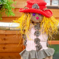 close-up image of a vibrant coloured scarecrow with long straw hair a deterrent against garden birds - garden decoration stock pictures, royalty-free photos & images