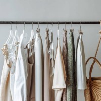 close-up of a wardrobe of clothes hanging on a rail against a white background in a studio store - fashion stock-fotos und bilder
