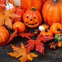 close-up of an autumnal halloween decoration with assorted pumpkins, autumn leaves and a jack-o-lantern - home decoration stock pictures, royalty-free photos & images