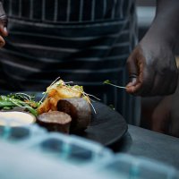 close-up of chef finishing dish in kitchen - food stock pictures, royalty-free photos & images