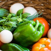 close-up of fresh, organic, healthy vegetable harvest variety in basket with eggs - garden decoration stock pictures, royalty-free photos & images