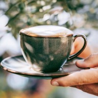 close-up of hands holding a cup of cappuccino in a sunlit garden, with soft focus greenery in the background. concept of enjoying coffee outdoors. - garden decoration stock pictures, royalty-free photos & images