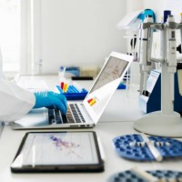 close-up shot of scientists hands typing data in laptop in laboratory - home decoration stock pictures, royalty-free photos & images