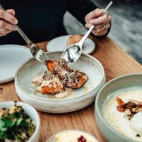 close-up shot of young woman enjoying a vegetarian meal at restaurant - food stock pictures, royalty-free photos & images