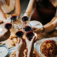 close up of happy young friends having fun and toasting and celebrating with red wine during party - food stock pictures, royalty-free photos & images