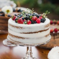 close up of mixed berry white wedding cake dessert display with berries for a smaller wedding celebration in a backyard in summer july - garden decoration stock pictures, royalty-free photos & images